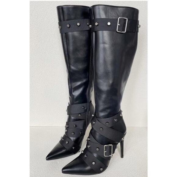 NWOT Frankie Hsu Punk Rivets Helled Stiletto Black Knee Hight Boot, Sz 7 - Picture 3 of 11